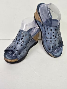 Spring  Step Fusawedge Blue Slide Sandal Perforated Leather Corksole Wedge Sz 39